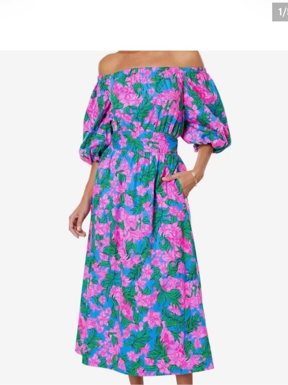 Lilly Pulitzer Pink & Green Floral Off-Shoulder Midi Dress medium